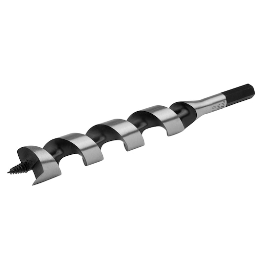 IRWIN 49918 auger drill bit with hex shank, silver and black, side angle on white background.