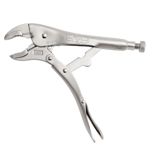 IRWIN 502L3 locking pliers with curved jaw, metallic finish, side angle, tool photography.