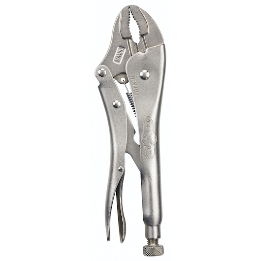 IRWIN 502L3 locking pliers with curved jaws, silver metal, product photography, front angle.