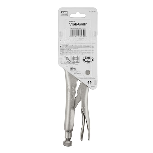 IRWIN VISE-GRIP 502L3 locking pliers, silver metal, retail packaging, rear view, on white background.