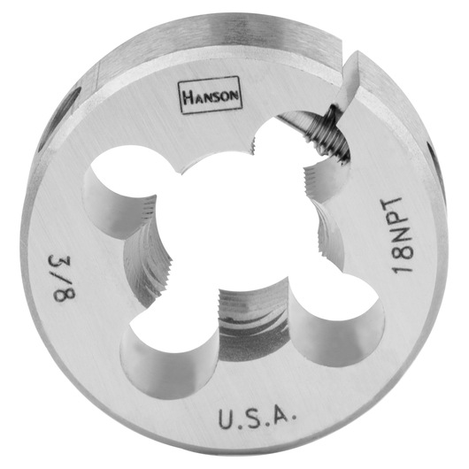 IRWIN 5104 round steel threading die, 3/8 18NPT, silver finish, front angle, Hanson marking.