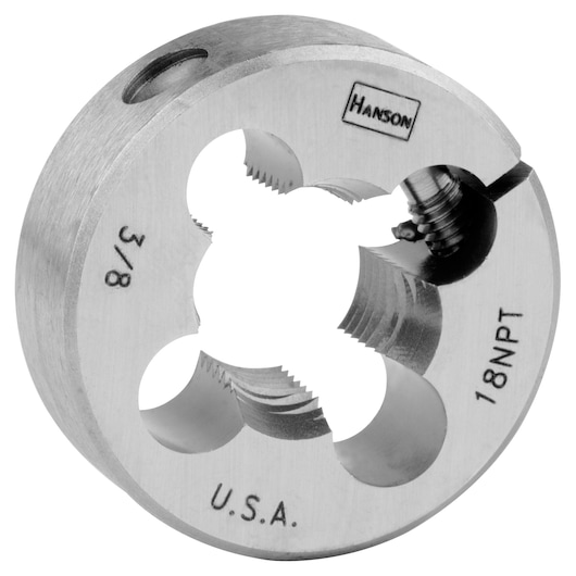IRWIN Hanson 5104 round threading die, steel finish, close-up on white background.
