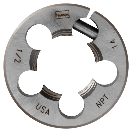 IRWIN round metal die, 1/2 inch NPT, Hanson branding, silver finish, front view, 5105 threading tool.