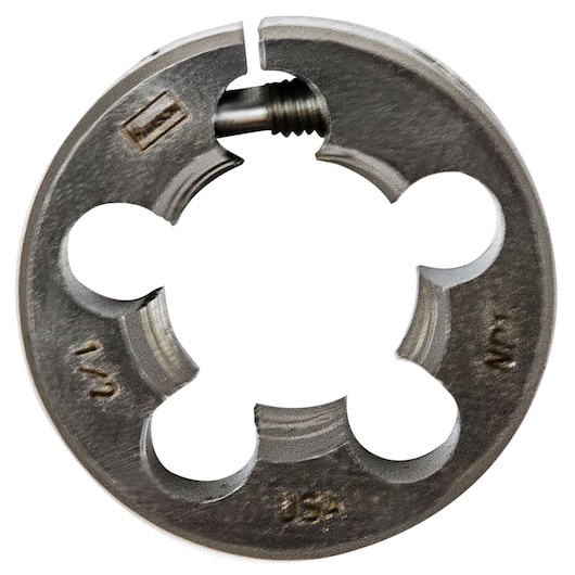 IRWIN 5105 round adjustable die for threading, steel finish, photography on white background showing front angle.