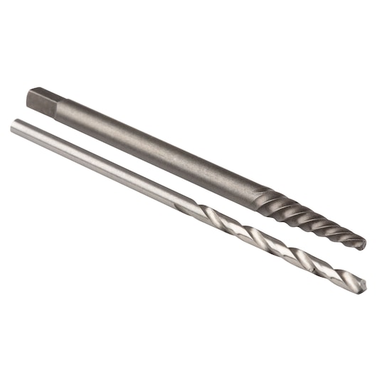 IRWIN 53701 screw extractor and drill bit set, two pieces in silver steel, front angle, white background.