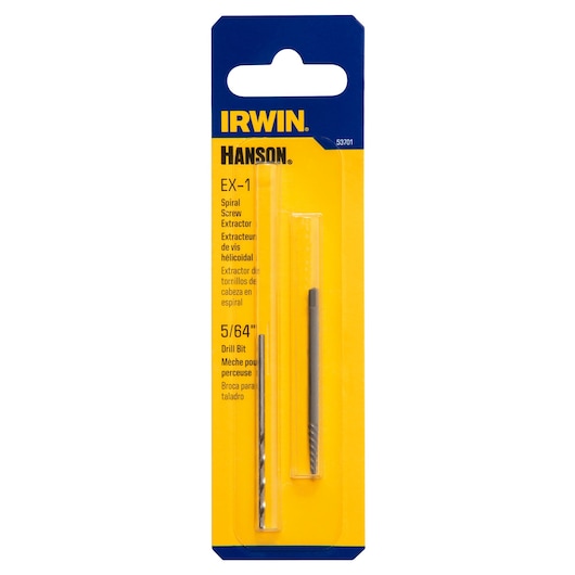 IRWIN EX-1 spiral screw extractor with 5/64 inch drill bit, front view on white background, SKU 53701.