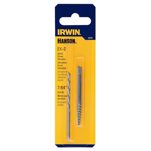 IRWIN 53702 spiral screw extractor and 7/64 inch drill bit set, front view in yellow and blue packaging.