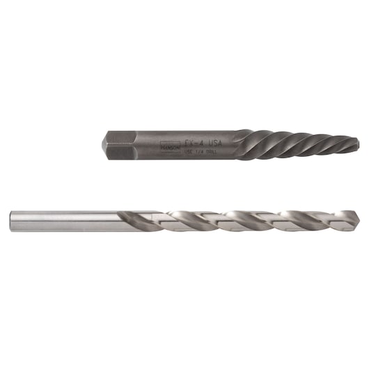 IRWIN 53704 drill bit and spiral extractor set, silver, shown on white background, side view.