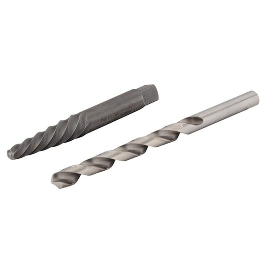 IRWIN 53704 extractor and drill bit set, two silver and gray pieces on white background, side view.