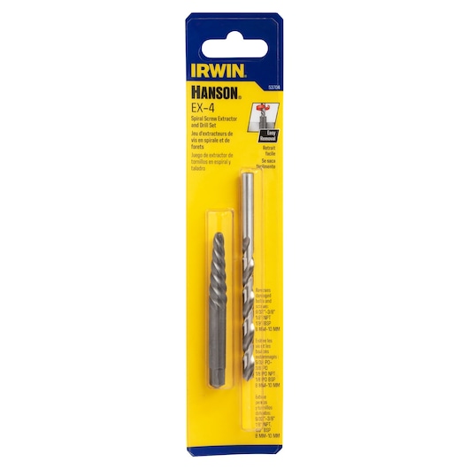 IRWIN spiral screw extractor and drill set 53704 in retail packaging, front angle on white background.