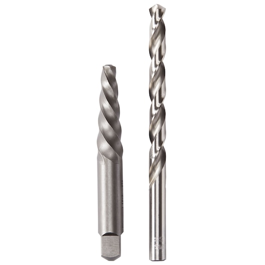 Photo of IRWIN 53705 drill bit and extractor set, two steel pieces shown upright on white background.