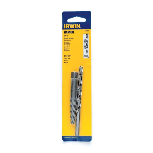 IRWIN 53705 spiral screw extractor and high speed steel drill bit in retail packaging, front angle.