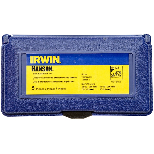 Photo of IRWIN bolt extractor set 54125 in a blue textured plastic case, front label showing sizes and details.
