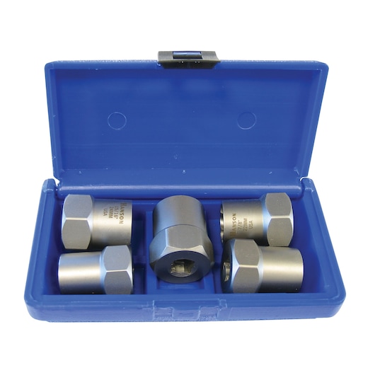 A blue plastic case containing five metal bolt extractors arranged neatly inside. The bolt extractors are used for removing damaged or stuck bolts.