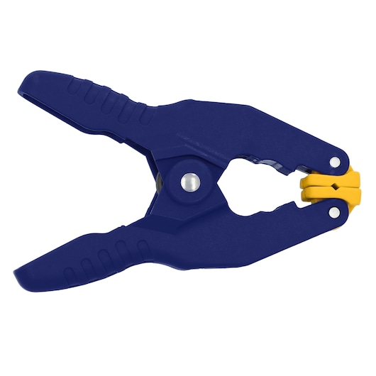 IRWIN 58100 photography of blue plastic spring clamp with yellow pivoting jaw, side angle on white background.