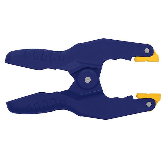IRWIN 58100 photography of blue plastic spring clamp with yellow pivot tips, side angle on white background.