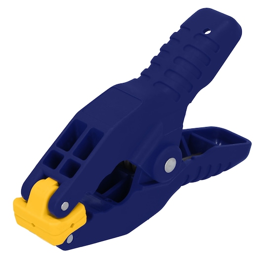 IRWIN 58100 photography of blue and yellow plastic spring clamp, angled on white background.