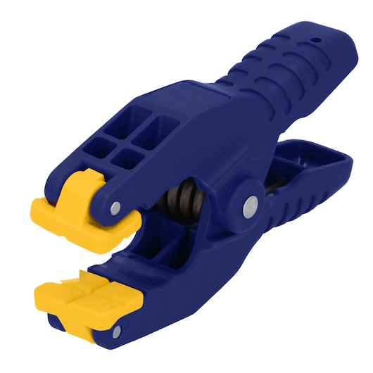 IRWIN 58100 blue and yellow plastic spring clamp, angled side view on white background.
