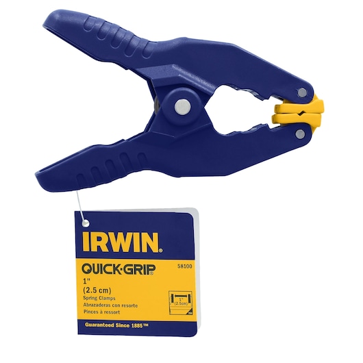 IRWIN 58100 blue and yellow spring clamp, 1 inch size, product tag attached, side view on white background.