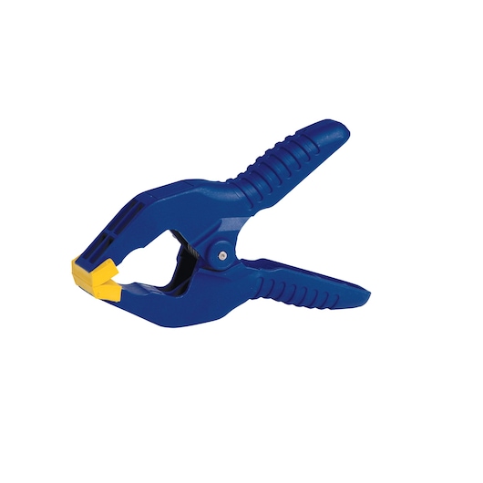 IRWIN 58200 blue and yellow plastic spring clamp, side angle, isolated on white background, hand tool.