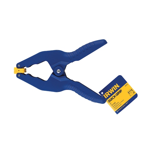 IRWIN blue quick-grip clamp 58200, plastic with yellow jaw pads, photography, top view on white background.