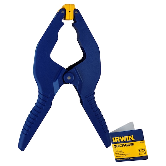 IRWIN 58300 blue and yellow spring clamp, front angle on white background, with product label attached.