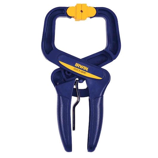 Photo of IRWIN QUICK-GRIP blue and yellow hand clamp, front angle, SKU 59200CD.