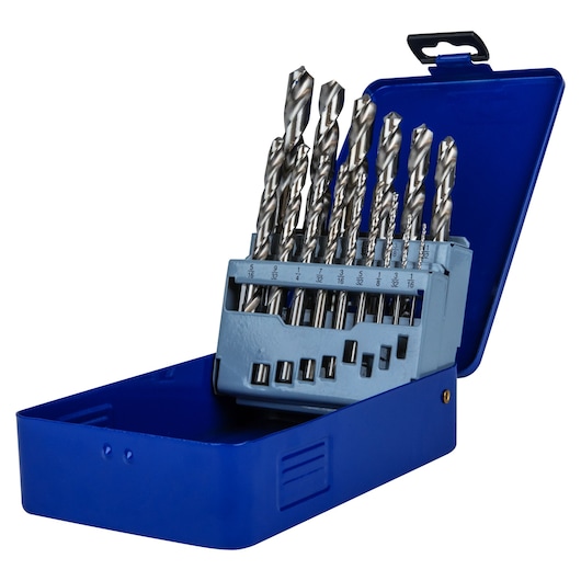 Photo of IRWIN 60137 drill bit set with metal bits organized in a blue case, shown at a front angle on white background.