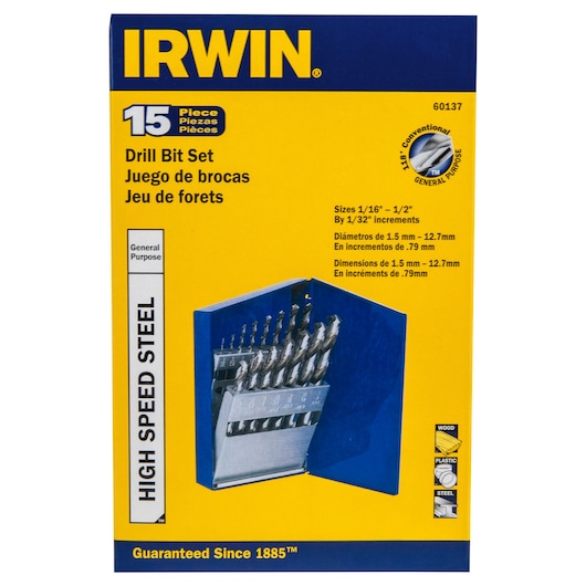 IRWIN 60137 drill bit set, 15-piece high speed steel, general purpose, box packaging, front angle, yellow and blue.