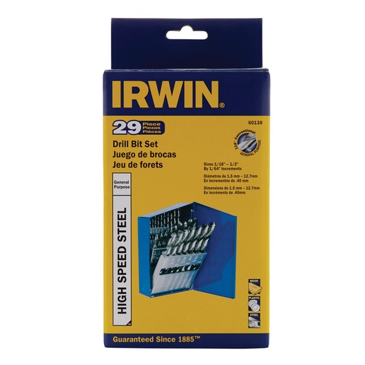 IRWIN 60138 drill bit set 29-piece in yellow and blue box, front angle on white background.