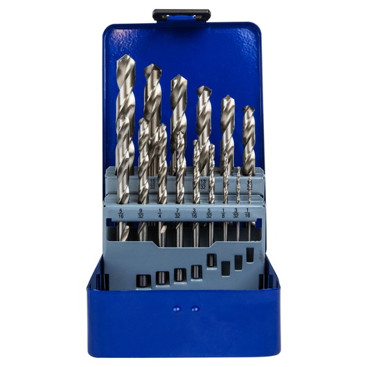 IRWIN 60147 drill bit set in blue metal case, multiple sizes organized in slots, front angle, white background.