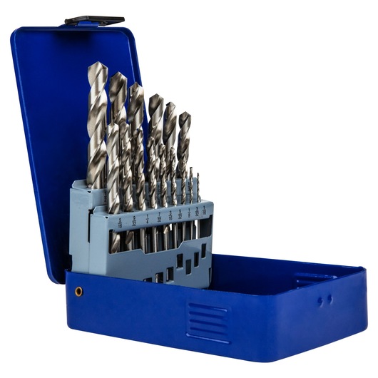 IRWIN 60147 drill bit set in open blue metal case, multiple size bits visible, product photographed at angle on white background.