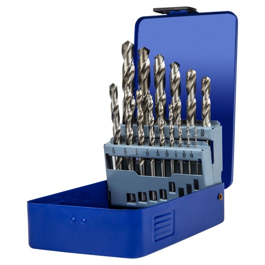 IRWIN 60147 drill bit set with multiple metal drill bits in a blue storage case, angled front view.