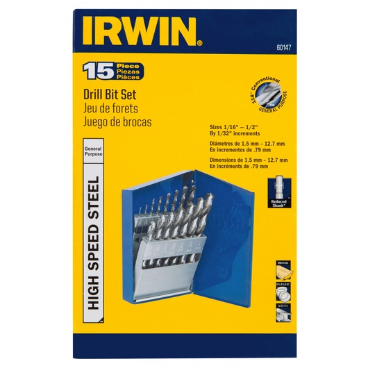 IRWIN 60147 drill bit set with 15 high speed steel bits in a blue metal case, front angle on white background.