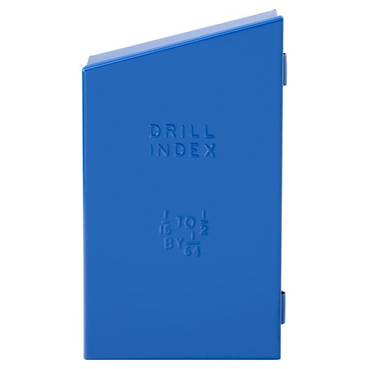 IRWIN 60148 blue metal drill index case, straight-on angle, closed lid, embossed labeling.