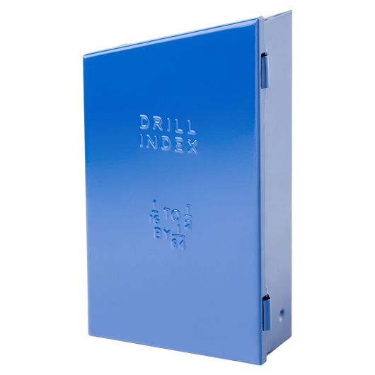 IRWIN 60148 blue metal drill index box, front angled view with embossed labels.