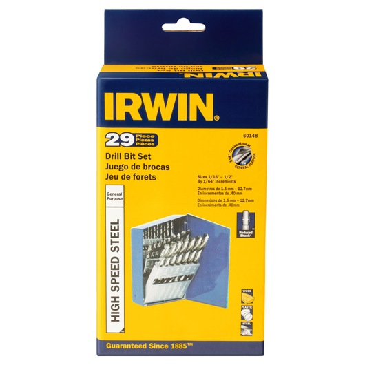 IRWIN 60148 drill bit set, 29 pieces, high speed steel, blue case, front view on white background.
