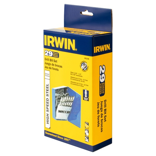 IRWIN 60148 drill bit set box, yellow and blue packaging, 29 pieces, front right angle photo.