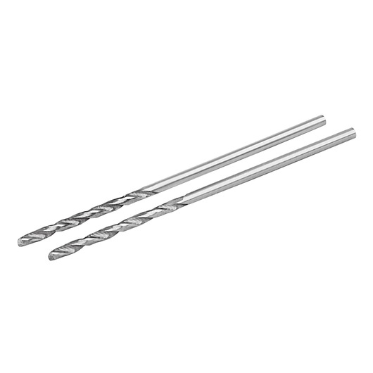 Photo of two IRWIN 60504 silver spiral drill bits, side view on white background, used for precise drilling.