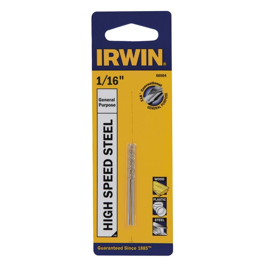 IRWIN 1/16 inch high speed steel drill bit, SKU 60504, general purpose, in retail packaging, front view.