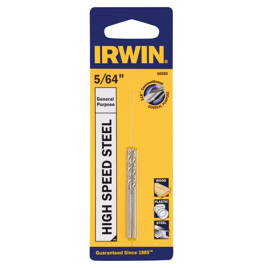 IRWIN 60505 high speed steel drill bit, 5/64 inch, general purpose, photographed in retail packaging, front view.