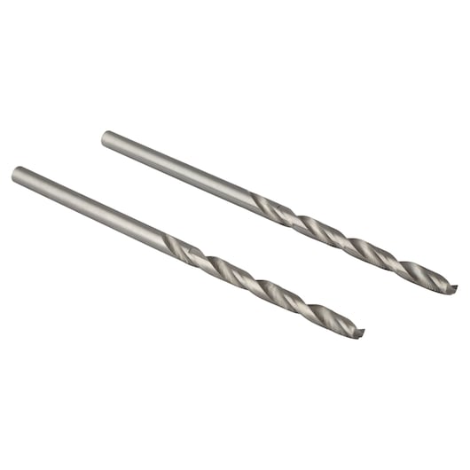Photo of two IRWIN 60506 metal drill bits, silver finish, side angle on white background.