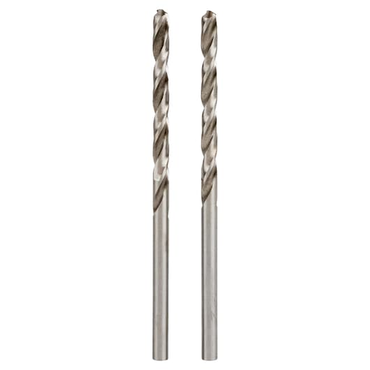 IRWIN 60508 metal drill bit set, two silver bits, straight-on angle, white background.