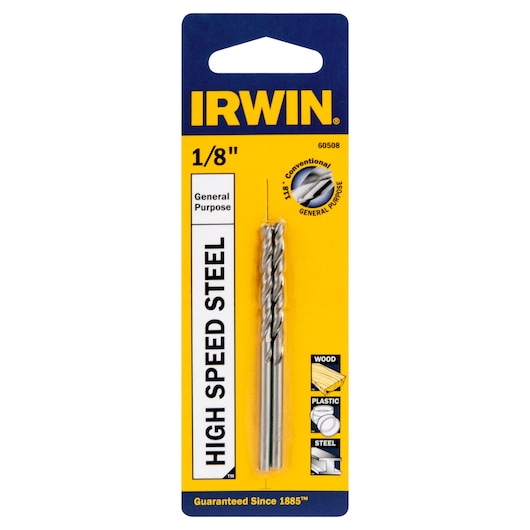 IRWIN 60508 high speed steel drill bit, 1/8 inch general purpose, photo of front packaging on white background.