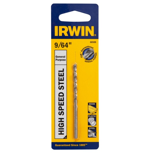 IRWIN 60509 high speed steel drill bit, 9/64 inch, in yellow and blue packaging, front angle.