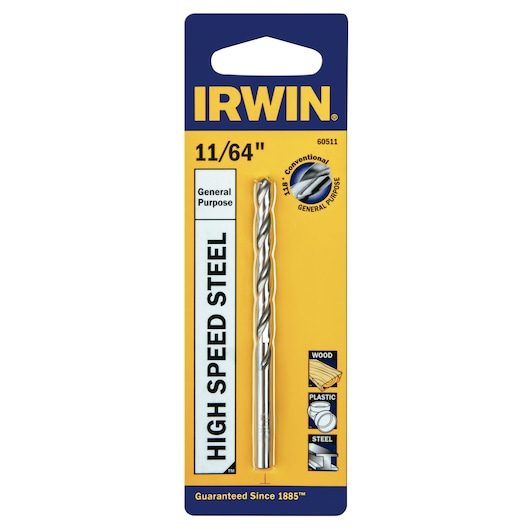 Photo of IRWIN 60511 high speed steel drill bit, 11/64 inch, in retail packaging, front angle on white background.