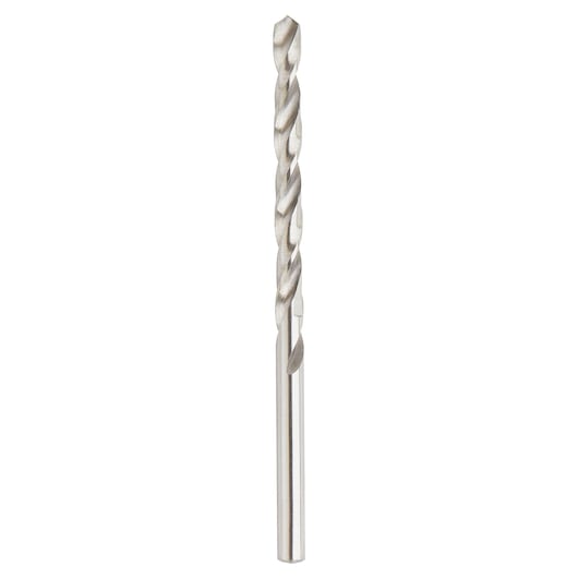 IRWIN 60512 metal drill bit, straight-on angle, silver color, spiral fluted shaft, white background.