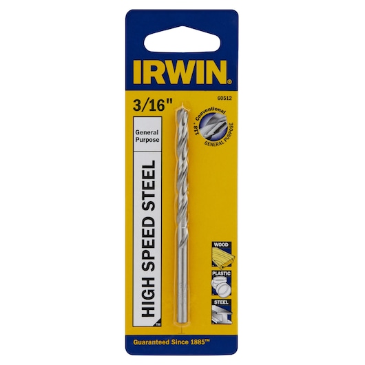 IRWIN 60512 high speed steel drill bit, general purpose, 3/16 inch, front view in retail packaging.