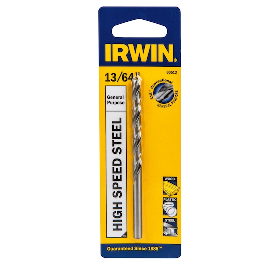 IRWIN 60513 high speed steel drill bit in packaging, 13/64 inch size, general purpose, front view on white background.