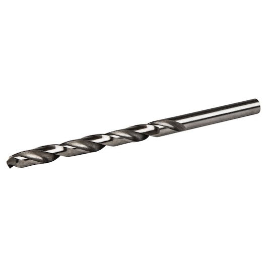 IRWIN 60514 metal twist drill bit side angle, silver and black, white background.